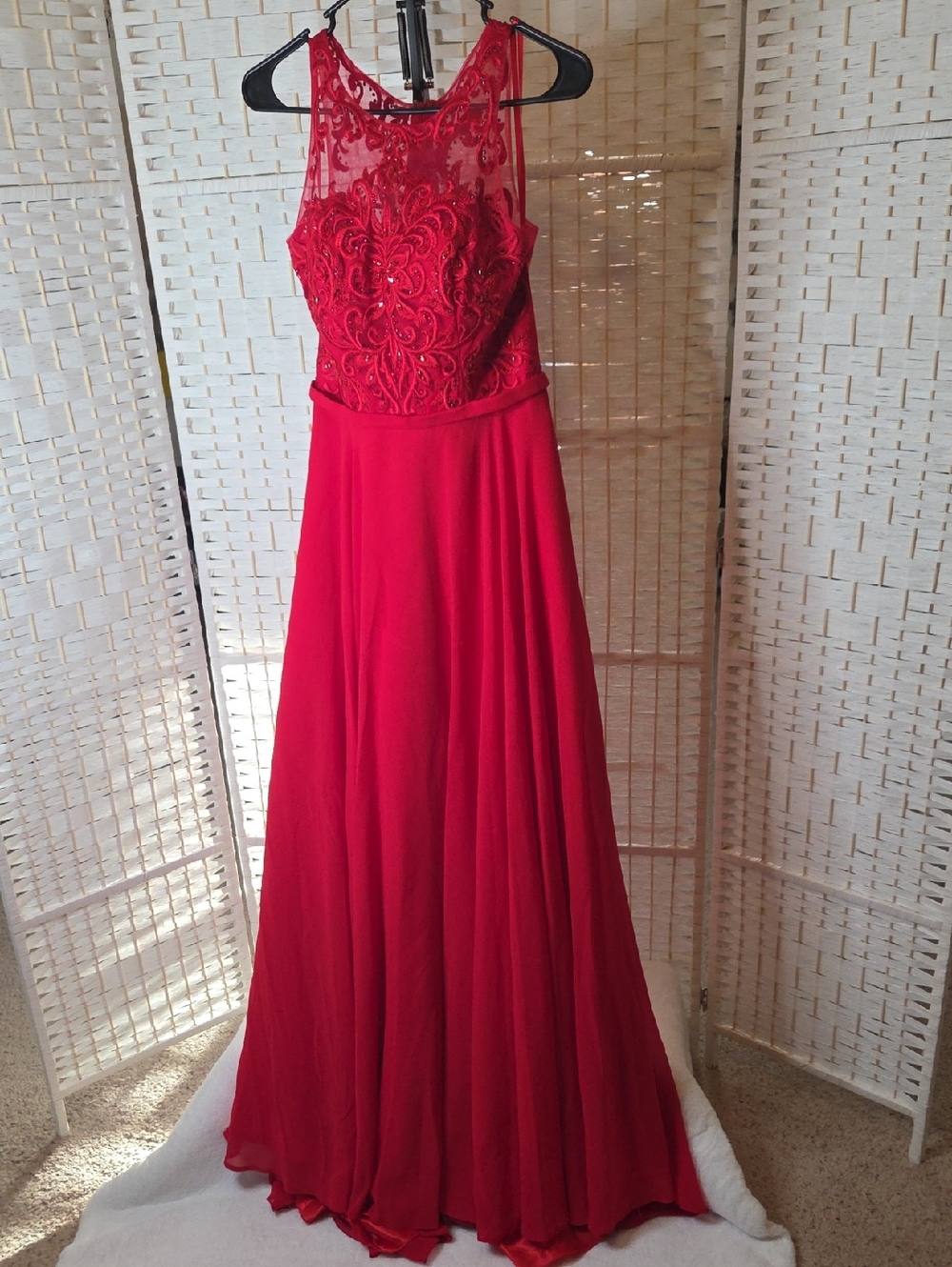 Clarisse Red Beaded Illusion Maxi Dress